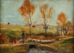 Alfred Bryan Wall, Herd of Sheep in Autumn, c.1910, oil on canvas board, depicting a herd of sheep with shepherd crossing bridge in autumn