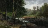 Joseph Woodwell, Scalp Level Landscape with Figure by a Stream, 1879, oil on canvas