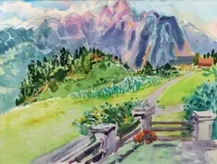 Acherkogel with Cornfield II by Nell Blaine, 1984, watercolor and pastel, offered Dec 2022