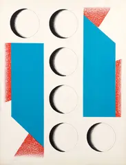 Kumi Sugai, Blue, Red and Moons, 1969, lithograph printed in colors