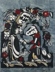 Sadao Watanabe, Possibly The Prodigal Son, 1963, color woodblock and monoprint on laid paper, 25 x 19.5 inches, signed, dated, and numbered 48/50 in white, ink