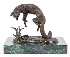 Hays (American, 1925-2008), Pouncing Fox, 1982, cast by Frances Todd, bronze on marble base, 5.25 inches tall, offered Nov 2022