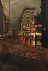 Rainy Night in East Liberty by R. A. Albert, 1946, oil on canvas, offered Nov 2022