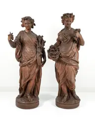 Louis Gossin, Allegorical Figures Depicting Two of The Seasons, Summer and Autumn, terracotta standing figures, approximately 55 inches tall on conforming faux, marble plinths which are 32 inches tall, Provenance: The Estate of Arthur Dimlin