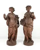 Louis Gossin, Allegorical Figures Depicting Two of The Seasons, Summer and Autumn, terracotta standing figures, approximately 55 inches tall on conforming faux, marble plinths which are 32 inches tall, Provenance: The Estate of Arthur Dimlin