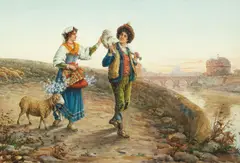 Carlo Ferranti, Shepherd Couple along Path Near The Castel Sant Angelo, circa 1900, watercolor
