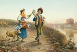 Carlo Ferranti, Shepherd Couple along Path Near The Castel Sant Angelo, circa 1900, watercolor