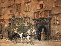 Ernst Graner, Emperor Franz Joseph in a Carriage in front of the Swiss Gate, Hofburg Palace, Vienna, 1912, watercolor and gouache on board