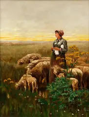 Rudolf Wilhelm Auguste Lehmann, The Shepherdess Knitting in a Field, 1892, oil on canvas
