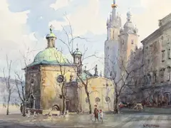 Henryk Sajdak, Krakow, Kosiol Sw. Wojciecha (Krakow, Church of St. Wojciech), watercolor on paper, laid down on board