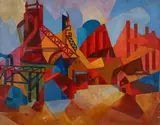 Josef Hulich, Cubist Industrial Plant Exterior with Blast Furnace, circa 1970, oil on canvas