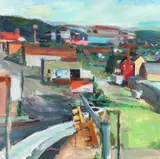 Barry Shields, Pittsburgh Neighborhood with Herron Hill Water Tower, gouache on matboard