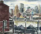 Robert R. Young, View of Pittsburgh Skyline and the Mon Wharf, from the South Side, c.1950s, watercolor on paper