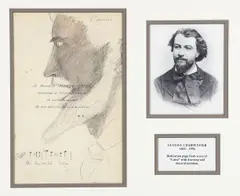 Dedication page from score of Luise with drawing and musical notation in by Gustave Charpentier, pencil, page, offered Aug 2022