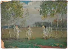 Blendon Campbell, Three Nymphs in Blue Dancing, undated, oil on board