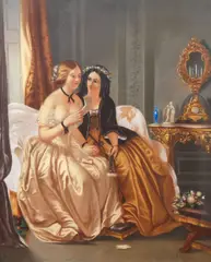 Two Women Reading a Letter on a Loveseat by George G. Fish, 1859, pastel on paper, offered Aug 2022