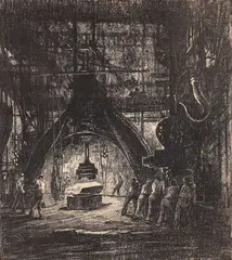 Forging a 16-Foot Shell by Herbert Pullinger, 1919, lithograph, pencil, offered Aug 2022