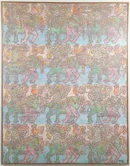 Twelve Variations of a Bird on a Horse, undated by Watfa Midani, acrylic on canvas, offered Aug 2022
