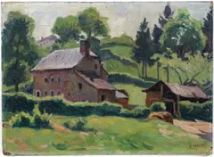 Farmstead by H. Parent, oil on board, offered Aug 2022