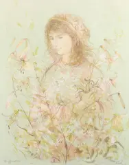 Edna Hibel, Girl with Lilies, lithograph
