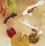 Aleah Koury, Koi Pond and Water Lilies, pastel and mixed media
