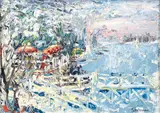 Howard A. Silverman, French Mediterranean View with Umbrellas, oil on canvas