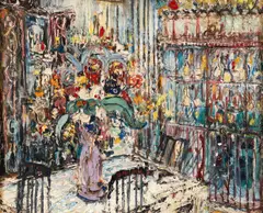 Flower Still Life in Interior by Howard A. Silverman, oil on canvas think impasto, offered Aug 2022