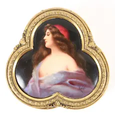 Trinket Box with handpainted Portrait of a Maiden in Red Hat on porcelain, signed lower right, decorated by Kochl or Keihl, bronze box, with seashell pattern to bottom, 1.5 inches tall, approximately 3.25, offered Jun 2022