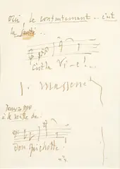 Signed and dated musical quotation (AMQS) from Don Quichotte (Quixote) by Jules Massenet, 1910, ink on paper, offered Jun 2022