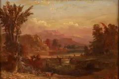 Wooden Bridge in an Autumn Landscape by William Thompson Russell Smith, 1850, oil on paperboard, offered Jun 2022