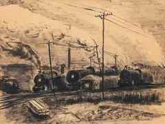 Otto Kuhler, Railroad Yard, possibly in Pittsburgh, ink and wash drawing