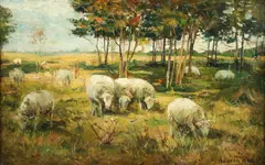 Alfred Bryan Wall, Grazing Sheep, oil on board