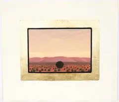 John Beerman, Untitled Desert Landscape, 1991, etching and aquatint with gold leaf border