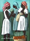 Three Women at Market by Claude Dambreville, acrylic on canvas, offered Jun 2022