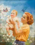 Mabel Rollins Harris, Mother and Baby Observing Baby Birds, circa 1930's, pastel on canvas