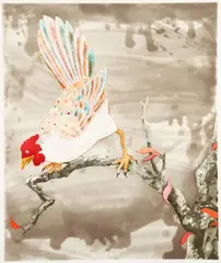 Untitled Rooster (LO270) by Laura Owens, 2004, aquatint with soft ground etching on paper, pencil, offered Jun 2022