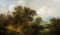 Eduard Boehm, Couple Hiking in the Woods, oil on canvas, since relined