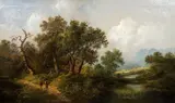 Eduard Boehm, Couple Hiking in the Woods, oil on canvas, since relined