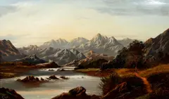Charles Leslie, Wayfarers by a Moorland Lake with Mountains Beyond, oil on canvas