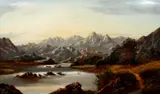Charles Leslie, Wayfarers by a Moorland Lake with Mountains Beyond, oil on canvas
