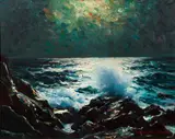 Nocturnal Seascape by Stanley Wingate Woodward, oil on canvasboard, offered Apr 2022