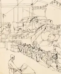 Title: Automobile Assembly Line, circa 1960, Medium: by Henry Koerner, pen and ink on paper mounted to mat, Dimensions:, offered Apr 2022