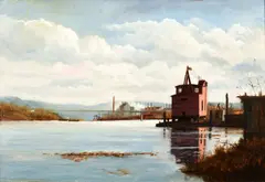 Ron Schaefer, Mon Toward Clairton, 1990s, oil on board, artist's name incised into the paint lower left