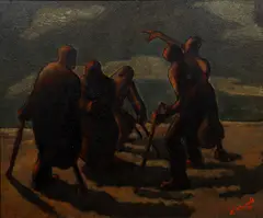 The Blind Beggars by Phillip Merrill, 1951, oil on canvas, since laid down on board, offered Apr 2022