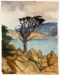 California Coastal Landscape by Mary DeNeale Morgan, watercolor, offered Apr 2022