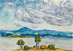 Allen Tucker, Mountain View Across a Lake, 1935, watercolor and pencil