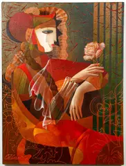Oleg Zhivetin, Woman with A Flower, acrylic and media on canvas