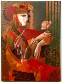 Oleg Zhivetin, Woman with A Flower, acrylic and media on canvas