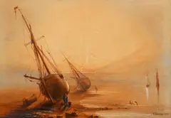 Edward Duncan, Low Tide Fishing Boats, 1881, watercolor