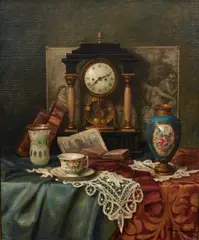 Franz Krischke, Still Life with Clock, Vase and Books, undated, oil on canvas